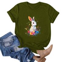 Women's Easter Bunny Print Neck Short Sleeve T-Shirt Top L armijos žalia spalva