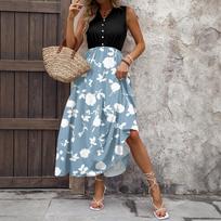 Women's Casual And Fashionable V-neck  Sleeveless Printing Mid Length Dress L mėlyna