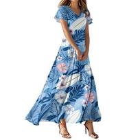 Moteriška laisvalaikio suknelė su V formos iškirpte trumpomis rankovėmis aukštu juosmeniu, retro stiliaus gėlėtais lapais marginta suknelė L mėlyna