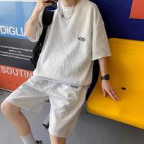 Waffle Five-point T-shirt Suit Men's Ins Hong Kong Style Summer Casual Loose Fashion Five-point Pants Sports Suit XXXXXL balta