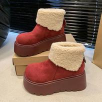 Platform Ankle Snow Boots Women Flats Fur Cotton Shoes Suede Winter Plush Warm 2025 Trend Brand Woman High Heels Botas Mujer 35 raudona