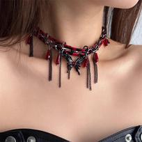 Spicy girl style rose red leopard print leather metal chain splicing tassel butterfly necklace female niche punk necklace