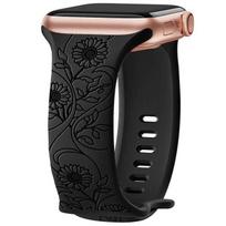 Bracelet for Apple Watch Series Ultra 2 3, 11 10 9 8 SE 7 6 5 4 3 2 1 46mm-45mm-44mm-42mm-49mm Silicone Black Engraving Sunflower