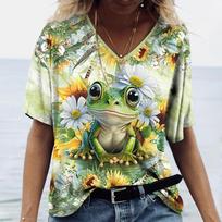 Ladies T-Shirt Frog And Floral Pattern Printing Outdoor Retro Fashion Casual Oversized T-Shirt Summer Women Clothings S