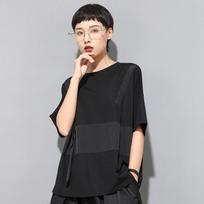 European & American Women's Dark Summer Patchwork T-shirt - Round Neck, Loose Fit, Short Sleeve Trendy Style L juoda