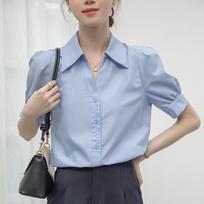 2025 White V-Neck Short-Sleeve Shirt - Petite, Professional Summer Style for Commuter or Interview Large mėlyna