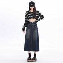 Women's High-Waisted Retro Distressed Denim Midi Skirt - A-Line, Raw Edge, Hip-Hugging Design for Autumn & Winter M