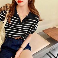 Women's Knitted Ice Silk Striped V-Neck Short Sleeve T-Shirt, Hong Kong Style, Summer 2025 Korean Fashion One Size juoda
