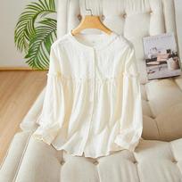 Crew Neck Embroidered Long-sleeved Shirt New Fungus Edge Lantern Sleeve Top Pure Cotton Crew Neck Shirt L balta