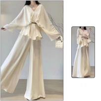 Women's French V-neck Top & Drapey Wide-Leg Pants Set - 2026 Spring Elegant Style M (Recommend 90-105 lbs)