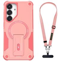 For Samsung Galaxy S25/Plus/Ultra/S25 Edge/S24/Plus/S24 Ultra Phone Case Shockproof Heavy Duty Kickstand Cover With Lanyard For Galaxy S25 rožinė