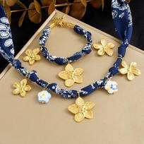 Gold Tone Flower Charm Fabric Choker Necklace and Bracelet Set