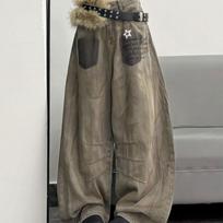 Wasteland Style Tie Dye Vintage Jeans Baggy Wide Leg Women's Clothing High Street Trousers Star Printed Letter Denim Pants New S chaki