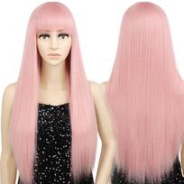 MISS WIG Rožinis ilgas tiesus perukas su kirpčiukais Sintetinių plaukų perukas moterims Karščiui atsparus Cosplay perukas Vienspalvis perukas