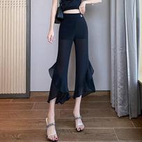 Women's Summer Chiffon Mesh Flare Cropped Pants Women's Slim Casual Vintage High Waist Chiffon Loose Pants Capris Solid Loose S juoda