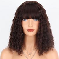 MISS WIG Synthetic Short Bob Jerry Curly Hair Wigs with Bangs 15 Inches Brown Wigs Deep Wave Wig with Bangs for Women