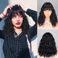 MISS WIG Natural Brown Color Short Wavy Wig with Bangs Synthetic Fiber Shoulder Length Women Fashion Cosplay Daily Wear Hair