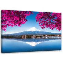 Canvas print, Mount Fuji lake and pink leaves 60x40 mėlyna