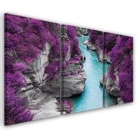 Trijų dalių paveikslo drobės spaudas Violetinis Peizažas Upelis 60x40 violetinė