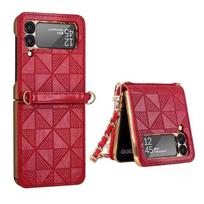Electroplate For Samsung Galaxy Z Flip 3 5g Case Wristband Shoulder Strap Lanyard Makeup Mirror Cover Artificial leather raudona