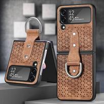 Samsung Galaxy Z Flip 4 dėklas Ultra plonas piršto žiedo laikiklis Minkštos odos sulankstomas smūgiams atsparus apsauginis galinis dangtelis Priedai For Samsung Z Flip 4 ruda