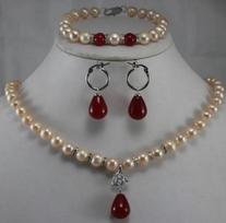 gold Color Hot Jewelry  red pink Jade pearl shell Pendant Necklace Earring Ring Set