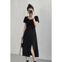 French Retro Dress Square Collar Niche Design Senior Sense of Black Waist-skimming Temperament Dress M juoda