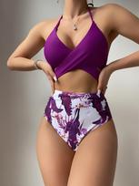 Maudymosi kostiumėlis moterims trikampis sujungtas kryžiuotas nėriniuotas margintas bikinis ins XL brown