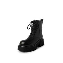 Krazing Pot Cow Leather Autumn Winter Shoes Round Toe Med Heels Lace Up Motorcycles Boots Women Ankle Boots 34 juoda