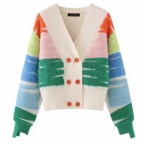 Sweet Long Sleeve Warm Knitted Cardigan Fashion Contrast V-neck Double Breasted Sweater Coat Casual Loose Sweater Jacket 28954 One Size oriono spalva