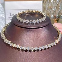 CMM 2 Pcs Light Evening Party Jewelry Sets for Women Gold Color Rhombus AAA Cubic Zirconia Open Size Choker Necklace Set with Adjustable Bangle sidabras