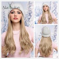 ALAN EATON Hat wigs Cap Long Blonde Wavy Wig Connect Winter Knitted Beanie Hat Heat Resistant Hair Pieces Hair Extensions beige