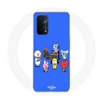 Coque pour Oppo A74 5G BTS BT21 Tata Chimmy Cooky Rj Koya Shooky Et Mang Jouent De la musique Fond Bleu mėlyna