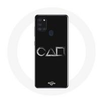 Coque Samsung Galaxy A21S Squid Game logo symboles carre cercle triangle Fond Noir juoda