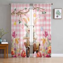 Easter Bunny Tulip Branch Eggs Plaid Tulle Curtains For Living Room Sheer Curtain For Bedroom Kitchen Blinds Voile Curtains 135W x 114H(cm) white