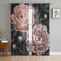 Botaniniai bijūnai Vintažinio tiulio lango užuolaidos svetainei Miegamojo Voile Permatomos užuolaidos Virtuvės procedūros Užuolaidos 135W x 114H(cm) black