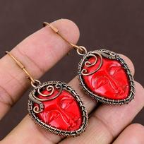 Natural Red Cameo Face Gemstone Handmade Copper Wire Wrap Earring 2.28 p7z54