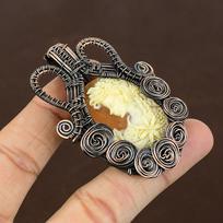 Natural Victorian Lady Bone Face Cameo Stone Copper Wire Wrap Pendant 2.76  Q8T63