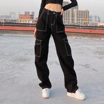 Women's Fashion Stripe Elastic Waist Long Pants Pocket  Solid Colour Denim Loose Straight Leg Pants Workwear Trousers XXL juoda
