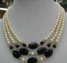 3 Rows Beautiful 7-8mm White Pearl Black Agate Necklace 17-19'' gray