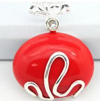 Vintage 925 Sterling Silver 37x30MM imitation red coral Pendant