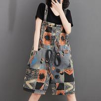 Women Summer Fashion Korean Thin Denim Shorts Student Casual Large Loose Vintage Print Suspender Playsuit Female Streetwear S