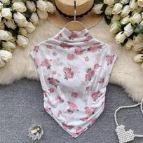 French Sleeveless Elegant Slim Pullovers Women Vintage Floral Print Thin Elastic Sweet Tops Hot Girl Fashion Design Casual Clothes New S balta