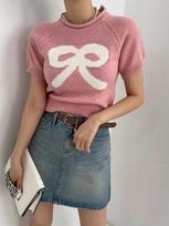 South Korea Chic Summer Retro Clothing Women Round Neck Bow Print Curling Design Slim Fit Versatile Short Sleeves Knitted T-shirt one size rožinė
