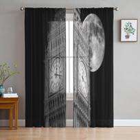 Didysis Benas prieš didelį mėnulį Juodos ir baltos spalvos tiulio perregimos užuolaidos svetainei, virtuvės dekoravimui, Voilo organzos užuolaidos 135W x 114H(cm)