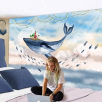 Whale Oil Painting Tapestry Wall Hanging Botany Cartoon Kawaii Fantasy Bohemian Children's Bedroom Background Decor 95x70CM white