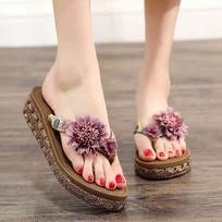 Women's Flip-flops Summer Floral Pattern Beach Holiday Thick Bottom Soft Bottom Anti-slip Slope Heel Slippers Sandals Polyurethane Material 41 beige