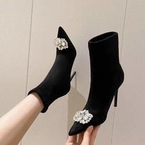 fashion High Heel Elastic Slim Boots Women  Autumn/Winter Pointed Black Short Boots Rhinestone Square Button Fashion Boots High Heels 39 juoda