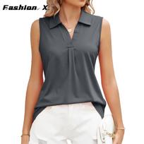 2024 Europe and The United States New Solid Color Lapel Loose T-shirt Tops Women's Sleeveless Tank Tops M tamsiai mėlyna