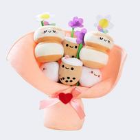 Kawaii Boba Flower Plush Toy Bouquet Bubble Tea Dolls Preserved Flowers Plushies Valentine Graduation Christmas Gifts for Girl around 35cm beige